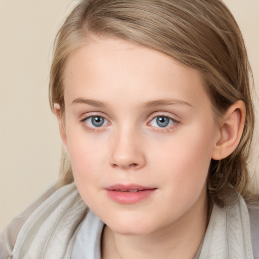 Neutral white child female with medium  brown hair and blue eyes