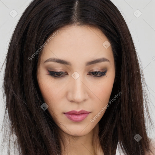 Neutral asian young-adult female with long  brown hair and brown eyes