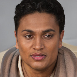 Joyful black adult male with short  brown hair and brown eyes