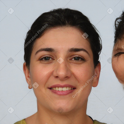 Joyful white young-adult female with short  brown hair and brown eyes