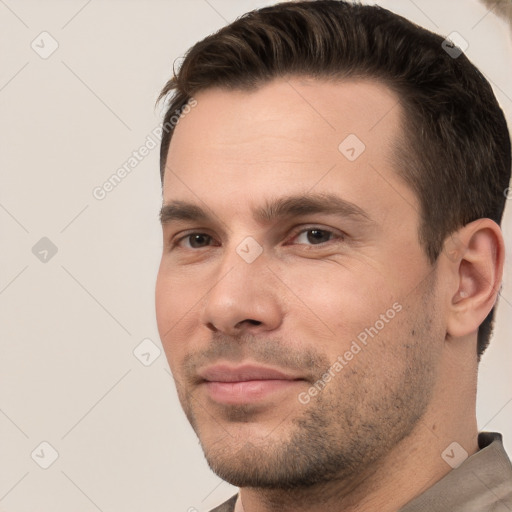 Neutral white young-adult male with short  brown hair and brown eyes