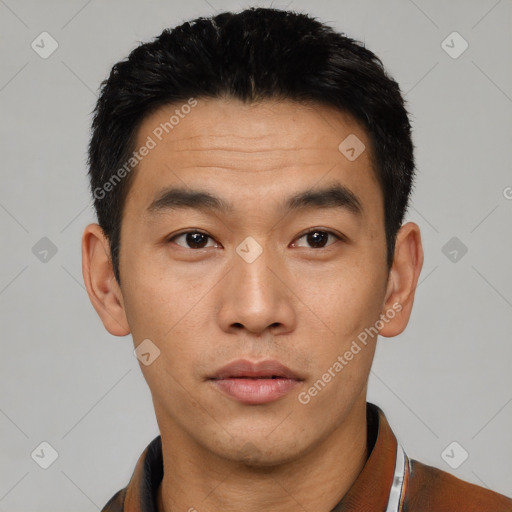 Neutral asian young-adult male with short  black hair and brown eyes