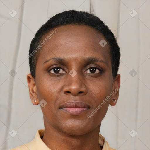 Neutral black young-adult female with short  brown hair and brown eyes