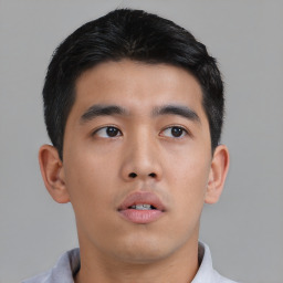 Neutral asian young-adult male with short  black hair and brown eyes