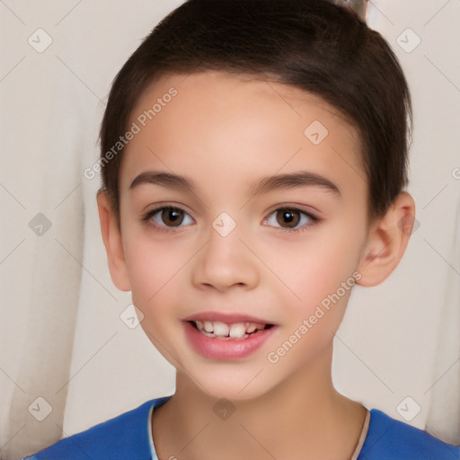 Joyful white child female with short  brown hair and brown eyes