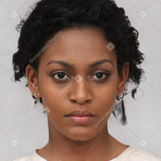 Neutral black young-adult female with short  black hair and brown eyes