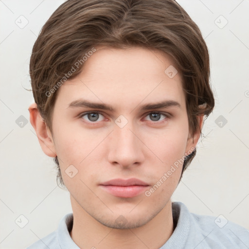 Neutral white young-adult male with short  brown hair and grey eyes