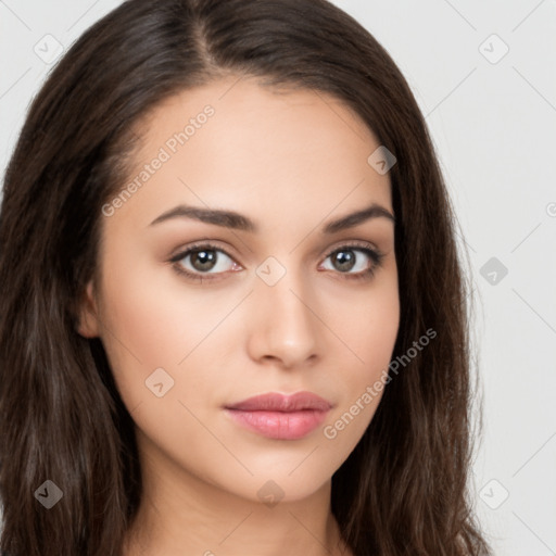 Neutral white young-adult female with long  brown hair and brown eyes