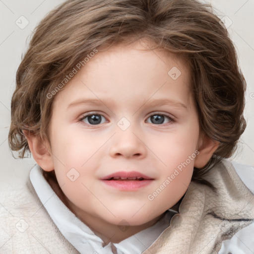 Neutral white child female with medium  brown hair and blue eyes