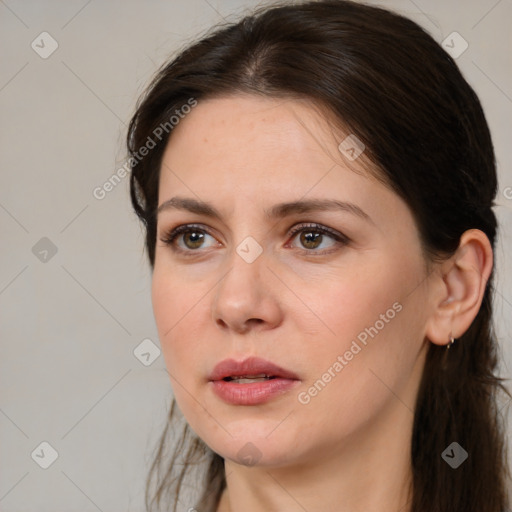 Neutral white young-adult female with medium  brown hair and brown eyes