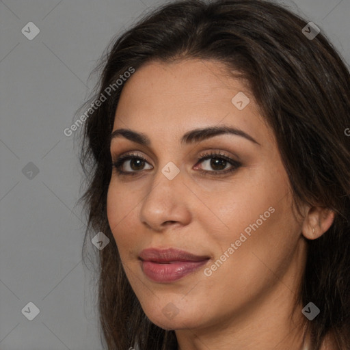 Joyful white young-adult female with long  brown hair and brown eyes