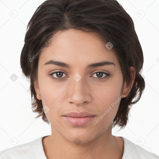 Neutral white young-adult female with medium  brown hair and brown eyes