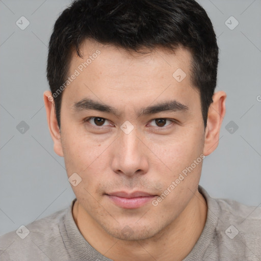 Neutral asian young-adult male with short  brown hair and brown eyes