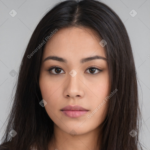 Neutral white young-adult female with long  brown hair and brown eyes