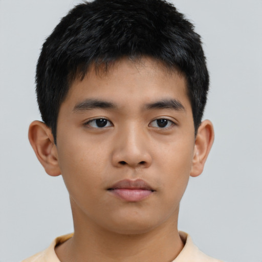 Neutral asian young-adult male with short  brown hair and brown eyes