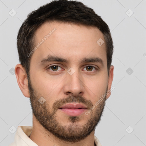 Neutral white young-adult male with short  brown hair and brown eyes