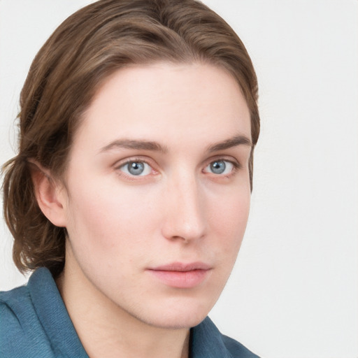 Neutral white young-adult female with medium  brown hair and grey eyes