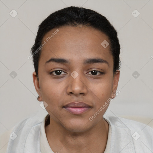 Neutral latino young-adult female with short  black hair and brown eyes