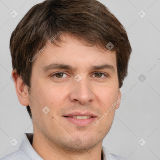 Joyful white adult male with short  brown hair and brown eyes