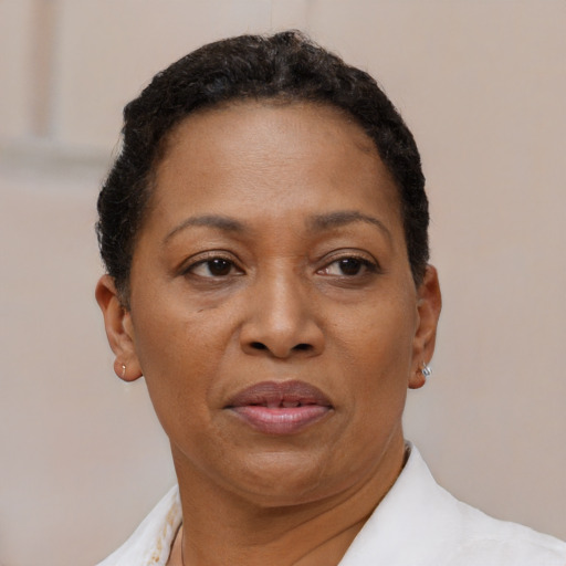 Joyful black adult female with short  brown hair and brown eyes