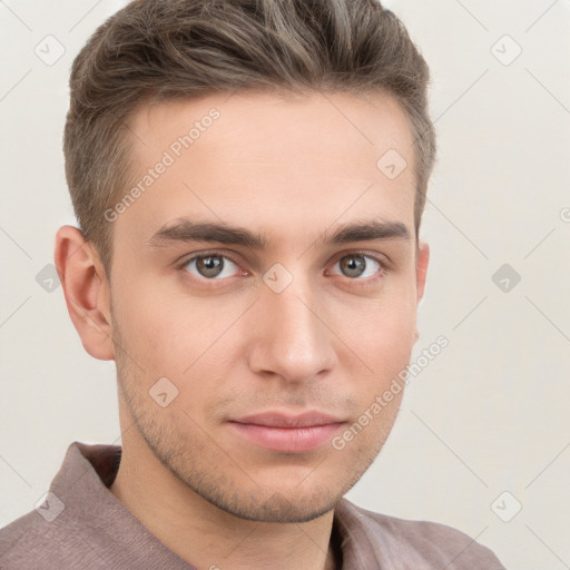 Neutral white young-adult male with short  brown hair and brown eyes