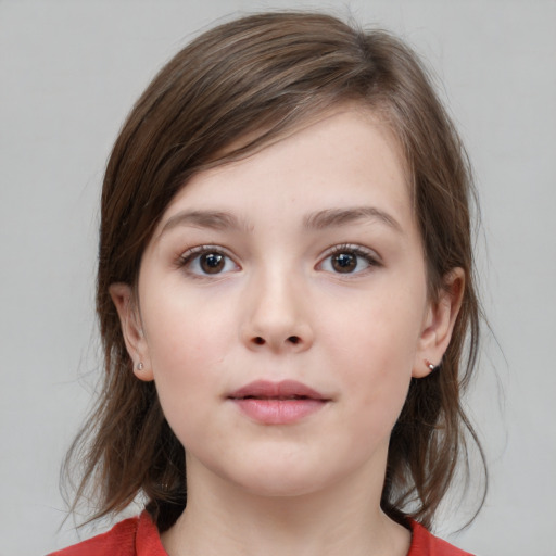 Neutral white child female with medium  brown hair and grey eyes