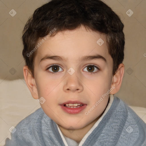 Joyful white child male with short  brown hair and brown eyes