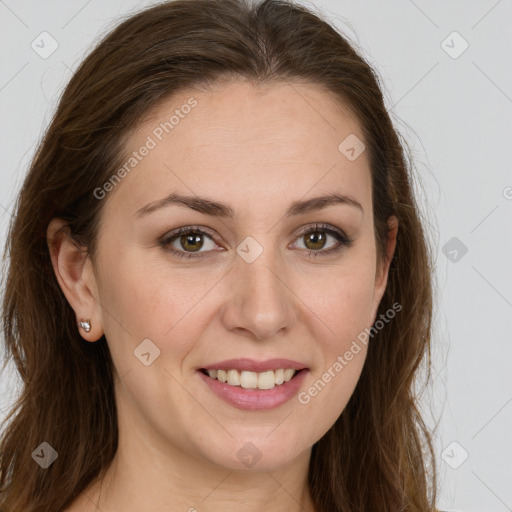 Joyful white young-adult female with long  brown hair and grey eyes