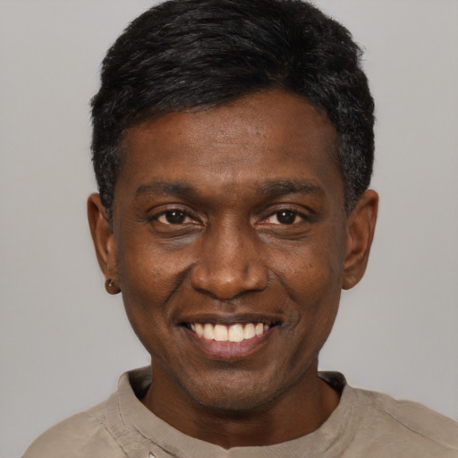Joyful black young-adult male with short  black hair and brown eyes
