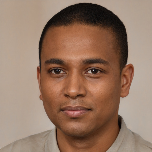 Neutral black young-adult male with short  black hair and brown eyes