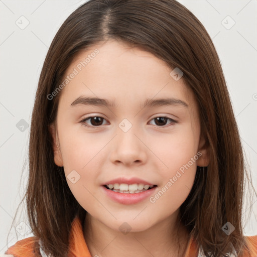 Joyful white child female with medium  brown hair and brown eyes