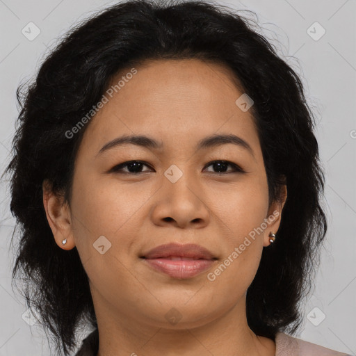 Joyful asian young-adult female with long  brown hair and brown eyes