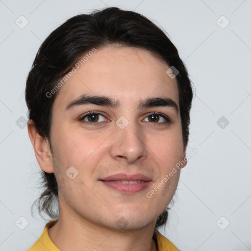 Joyful white young-adult male with medium  brown hair and brown eyes