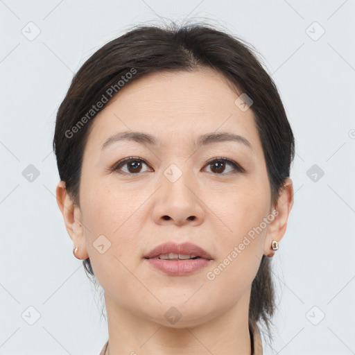 Joyful white young-adult female with medium  brown hair and brown eyes