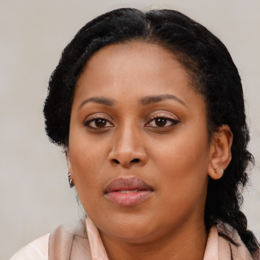 Joyful black young-adult female with medium  black hair and brown eyes