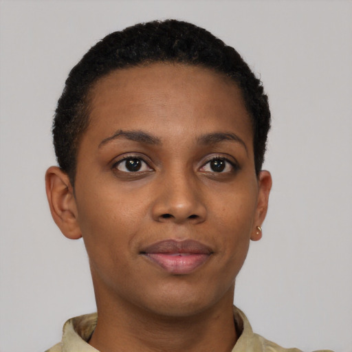 Neutral black young-adult female with short  brown hair and brown eyes