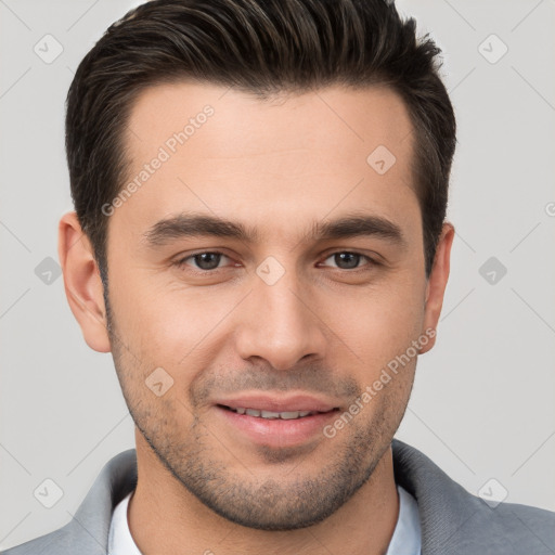 Joyful white young-adult male with short  brown hair and brown eyes