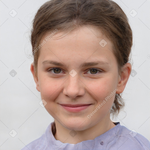 Joyful white child female with medium  brown hair and grey eyes