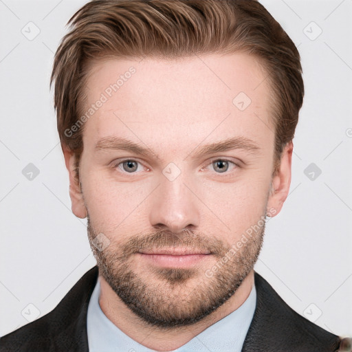 Neutral white young-adult male with short  brown hair and grey eyes