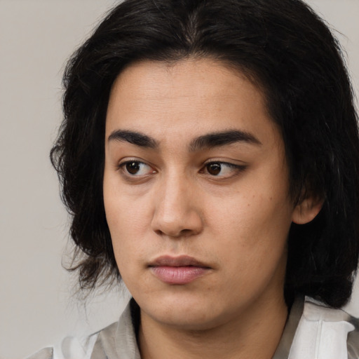 Neutral white young-adult female with medium  brown hair and brown eyes