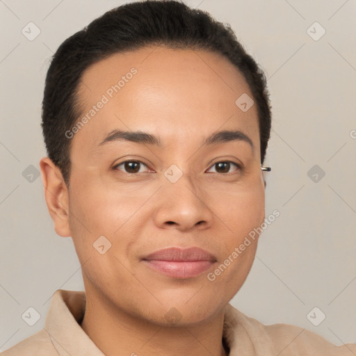 Joyful white young-adult female with short  brown hair and brown eyes