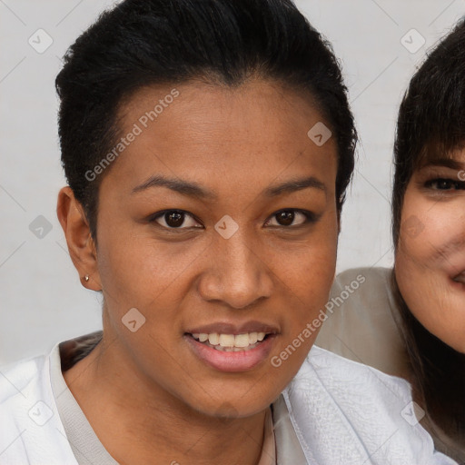 Joyful white young-adult female with short  brown hair and brown eyes