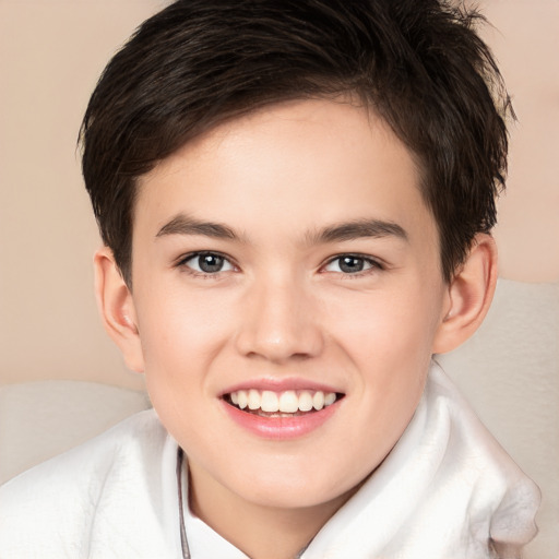 Joyful white child male with medium  brown hair and brown eyes