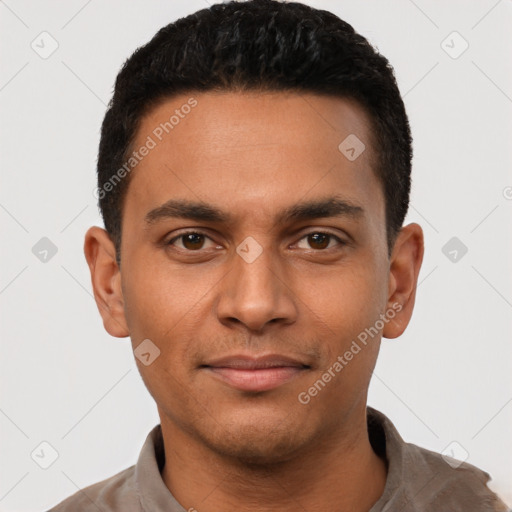 Neutral latino young-adult male with short  black hair and brown eyes