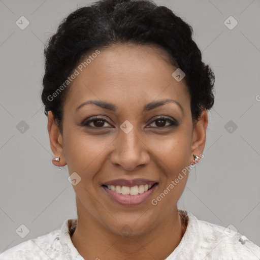 Joyful latino young-adult female with short  brown hair and brown eyes