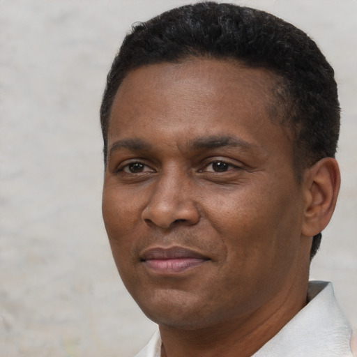 Neutral black adult male with short  black hair and brown eyes