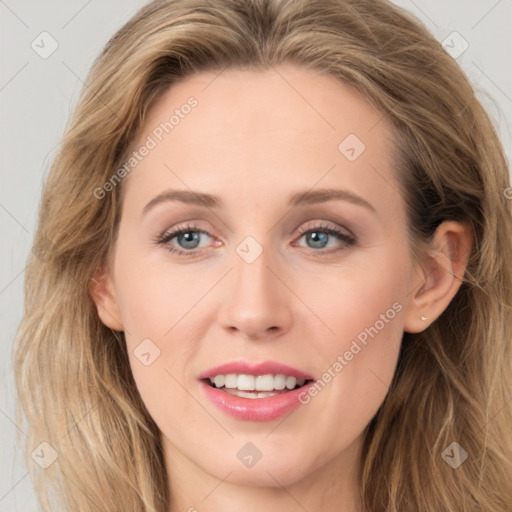 Joyful white young-adult female with long  brown hair and grey eyes