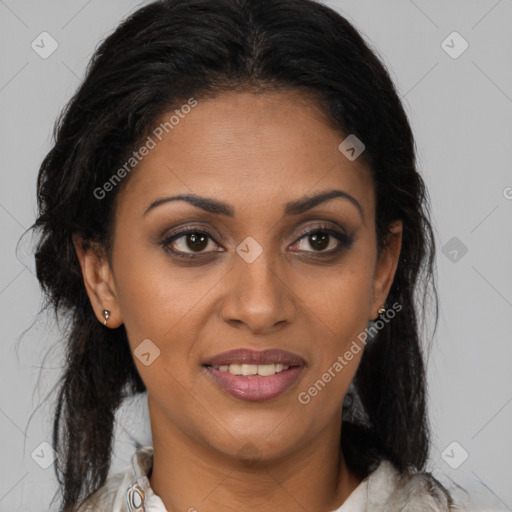 Joyful black young-adult female with medium  brown hair and brown eyes