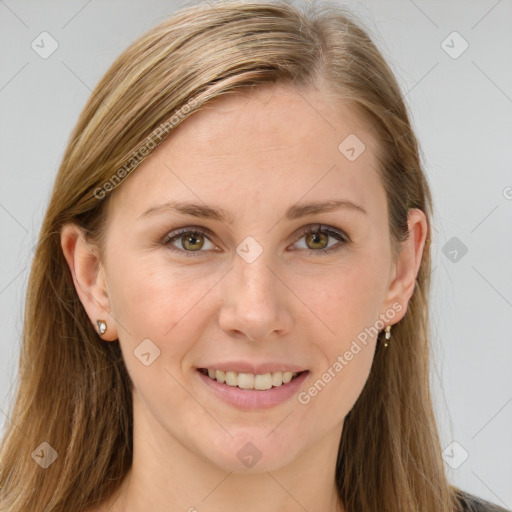 Joyful white young-adult female with long  brown hair and grey eyes