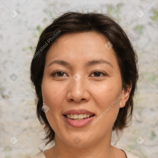 Joyful white young-adult female with medium  brown hair and brown eyes